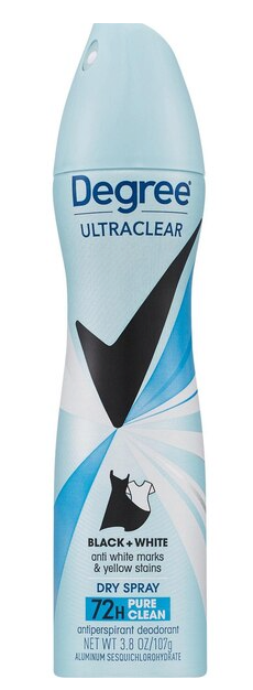 Degree Ultraclear 72-Hour Black + White Antiperspirant & Deodorant Dry Spray, Pure Clean, 3.8 OZ